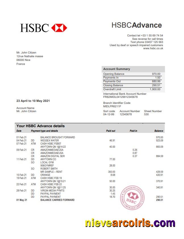 France HSBC bank statement in Word and PDF format